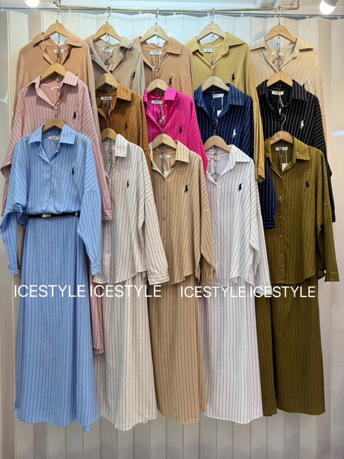 Summer Linen Stripes Shirts With Skirts and Belt